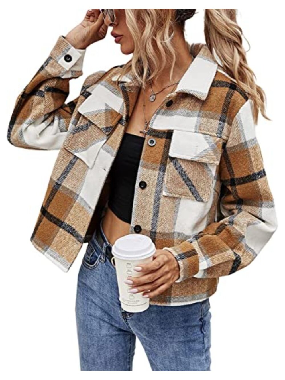 Womens Cropped Plaid Flannel Shacket Button Down Long Sleeve Jacket